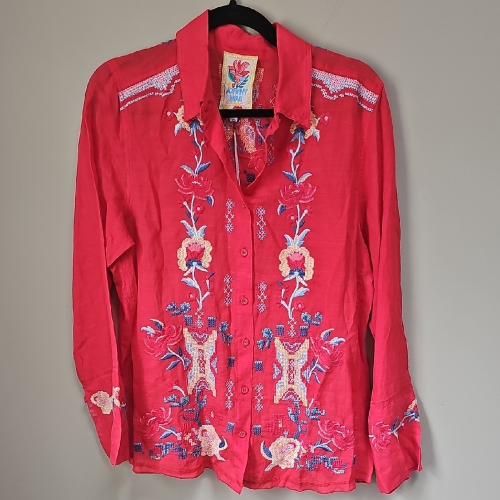 Johnny Was Red Floral Embroidered Button Down Shirt